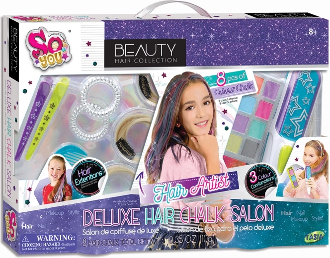 Tasia deluxe salone per capelli per bambini – set di 8 strumenti da parrucchiere colorati
