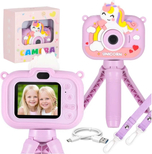 Fotocamera digitale per bambini Unicorno con treppiede e scheda da 8 GB