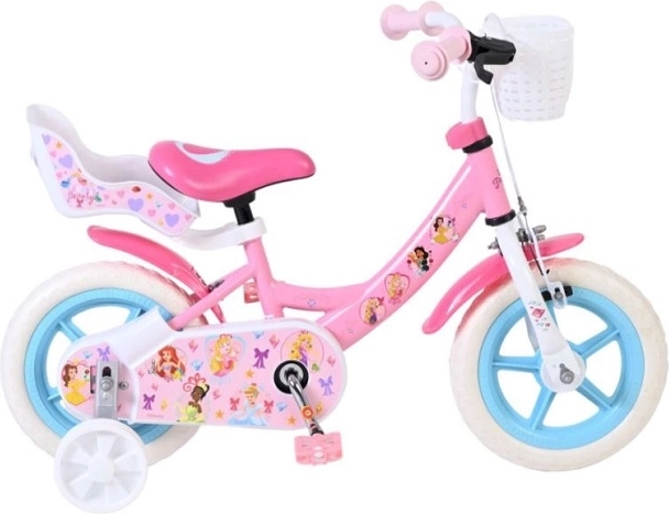 Bicicletta per bambini 12" Disney Princess con rotelle, cestino e seggiolino per bambola
