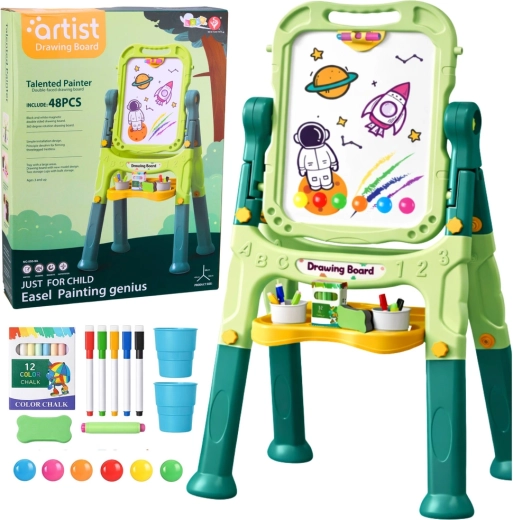 Lavagna magnetica e a gesso per bambini, bifacciale su cavalletto, 48 pezzi