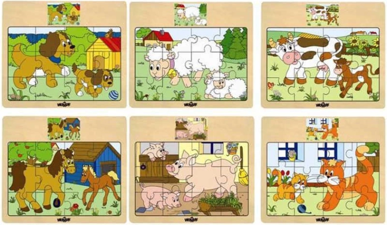 Puzzle in legno Woody su tavoletta con animali domestici e cuccioli - 1 pezzo