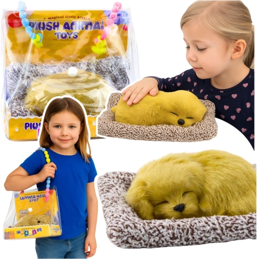 cucciolo di labrador addormentato su cuscinetto con pelliccia morbida in borsa da trasporto