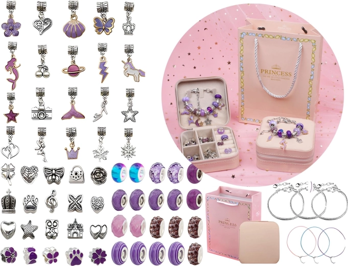 Set per creare braccialetti e gioielli con perline e ciondoli in tonalità viola con astuccio