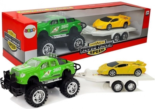 Set di veicoli - auto sportiva gialla, fuoristrada verde con trazione a frizione