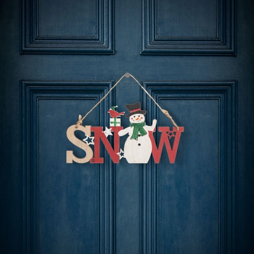 Decorazione natalizia in legno a forma di pupazzo di neve con nastro, 17 × 9 cm