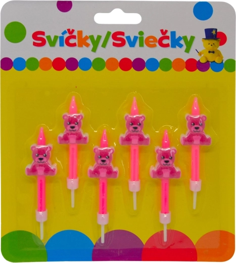 Candeline di compleanno con orsetto rosa su supporto, 6 pz
