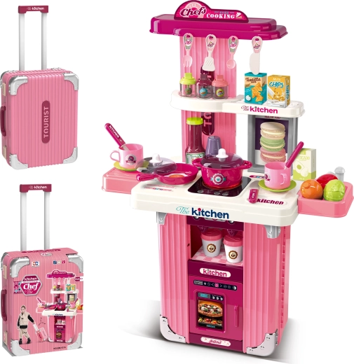 Valigetta 2-in-1 e cucina per bambini con accessori – rosa