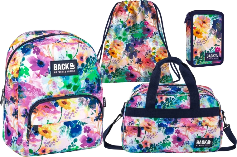 Set scolastico conveniente BackUP Spring Flowers 4in1 – zaino, astuccio accessoriato, sacca e borsa sportiva
