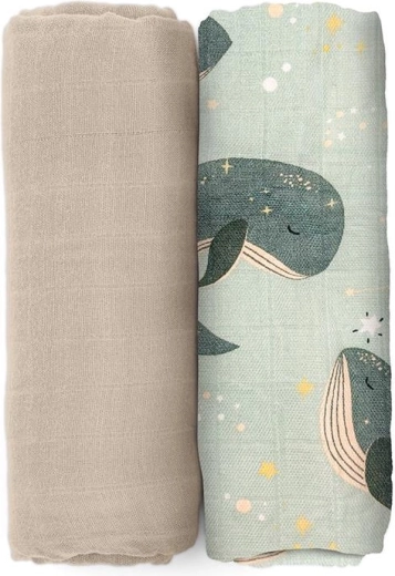 Petite&Mars fasce avvolgenti in mussola di bambù Misty whale song 120 × 120 cm (2 pz)