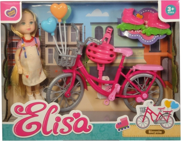Mini bambola con bicicletta, pattini e casco