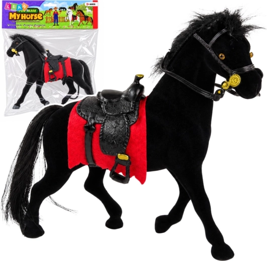 Figurina in velluto di cavallo nero con sottosella rosso e sella