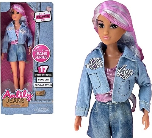 Bambola Anlily alla moda con capelli colorati in outfit di jeans