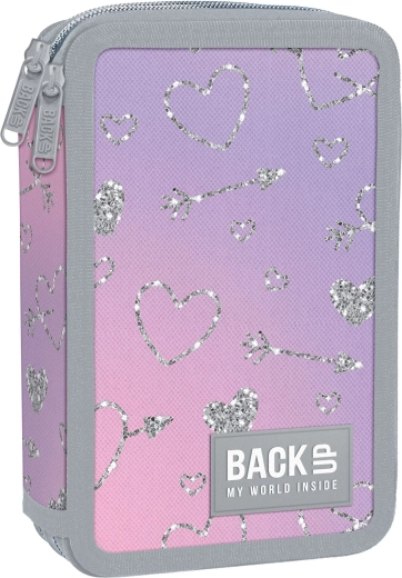 Astuccio scolastico a due scomparti con accessori BackUP cuoricini scintillanti