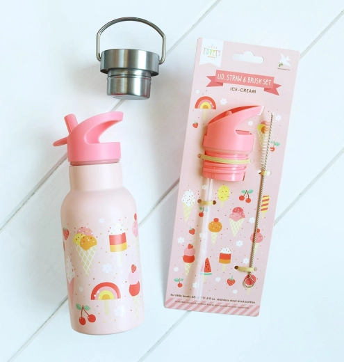 A Little Lovely Company set di tappo, spazzolino e cannuccia per bottiglia in acciaio inox 350 ml – Gelato