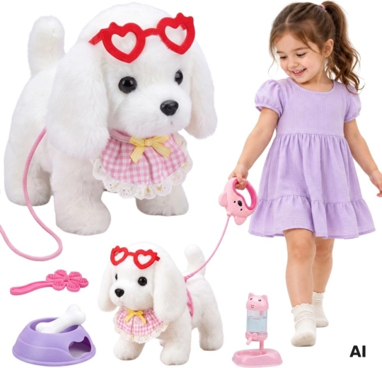 WOOPIE cagnolino interattivo di peluche bianco al guinzaglio con accessori