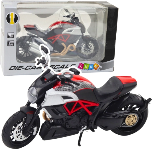 Moto sportiva in metallo 1:12 con luci e suoni – nera con elementi dorati e rossi