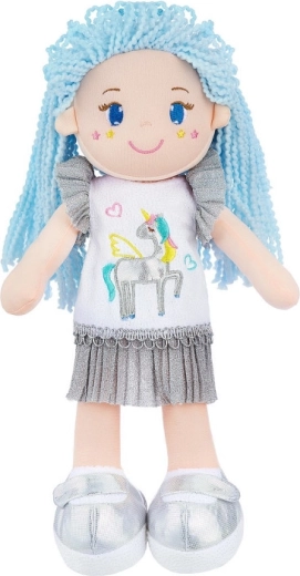 Bambola di stoffa con capelli blu e unicorno