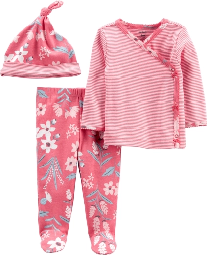 Set da bambina Carter’s Pink Flower – maglietta a portafoglio a maniche lunghe, pantaloni con piedini e cappellino