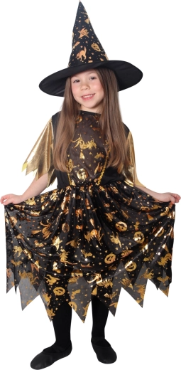 Costume da strega per bambina nero-oro con cappello, taglia M