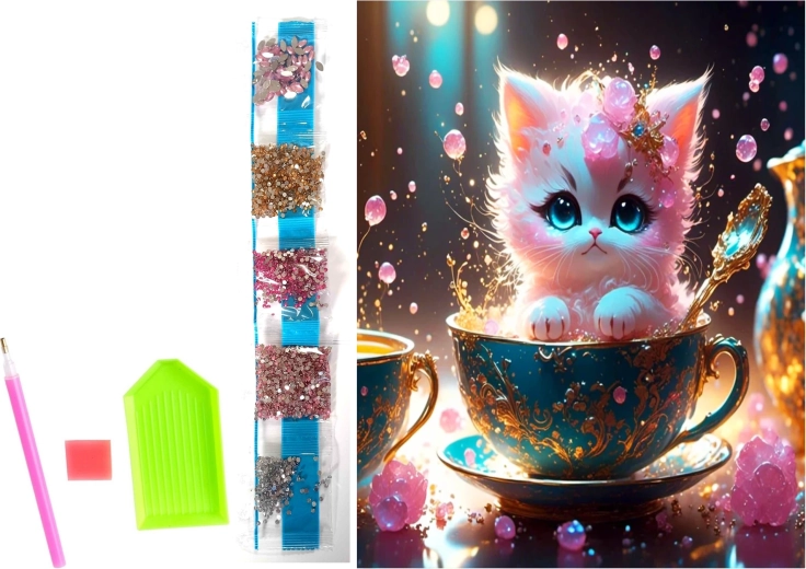 Pittura diamantata su tela – gattino in tazza da tè 23 × 30 cm