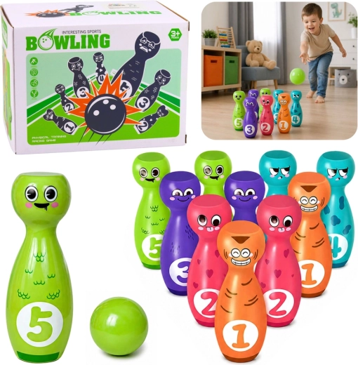 Birilli per bambini con faccine – set educativo con 10 birilli e 2 palle