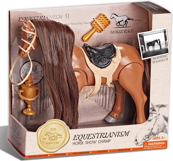 Cavallo da equitazione marrone con suoni e accessori