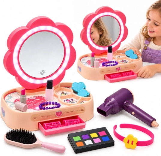 Toeletta cosmetica per bambini con specchio LED e accessori