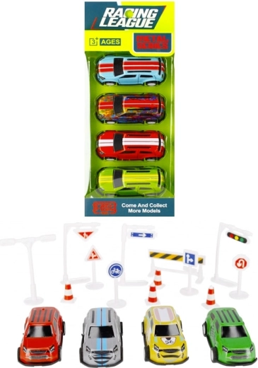 Auto da corsa con segnali stradali