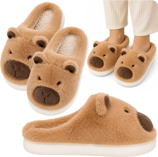 Pantofole da casa in peluche capibara con orecchie beige (taglia 32–33)