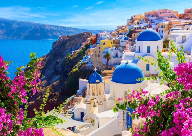 Puzzle Santorini con fiori, Grecia 1000 pezzi