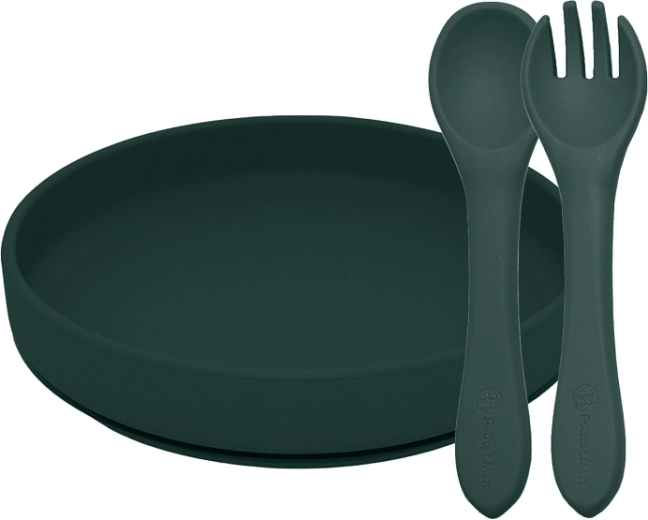 Petite&Mars set pappa in silicone Take&Match misty green: piatto con ventosa + posate (6m+)