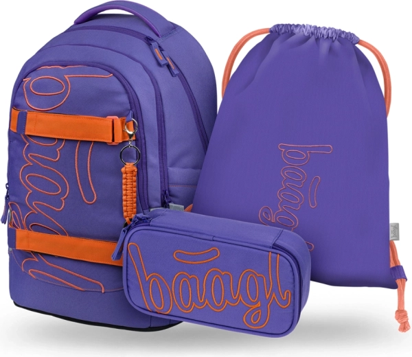 Baagl set 3 Skate Max Orange – zaino scolastico, astuccio e sacca GRS