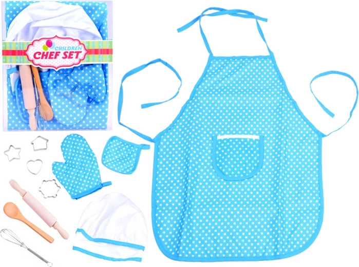 Set da cucina per bambini con grembiule blu a pois, cappello, guanto e strumenti da forno