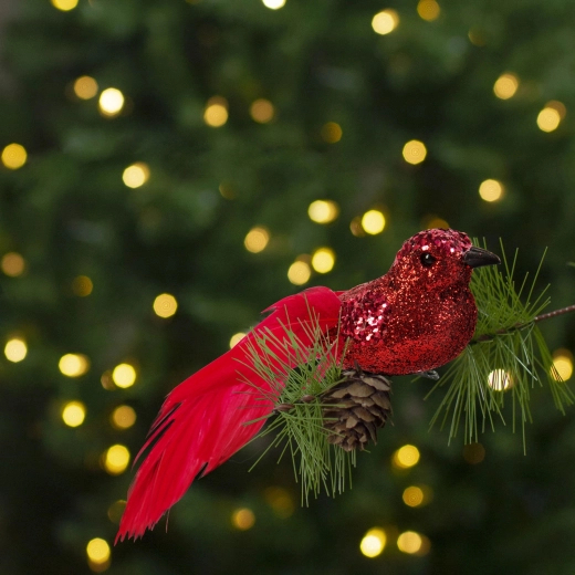 Decorazione natalizia con clip, uccellino rosso scintillante - 2 pezzi
