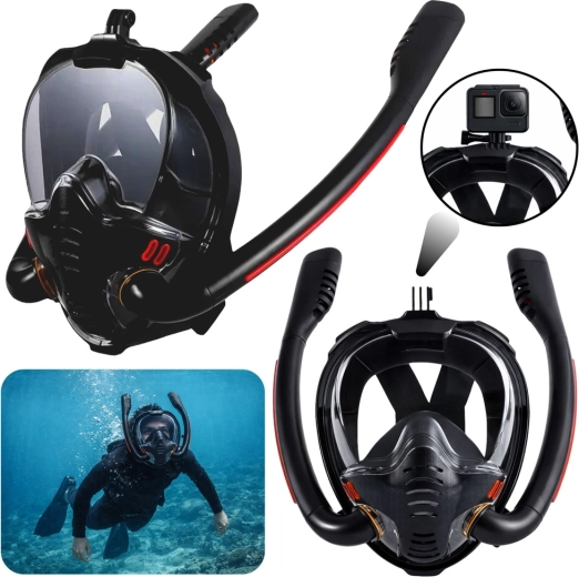 Maschera da snorkeling integrale con AntiFog e DryTop, nera L/XL