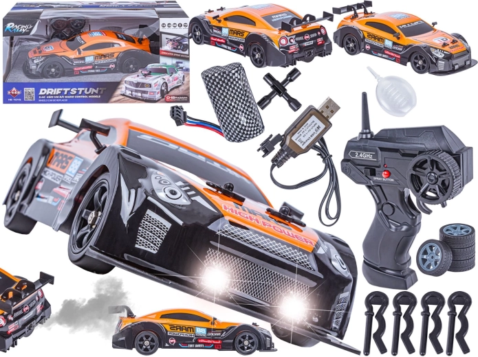 Auto da drift radiocomandata con vapore acqueo 1:16 2,4 GHz 4WD con LED, arancione (ispirata alla Nissan GTR)