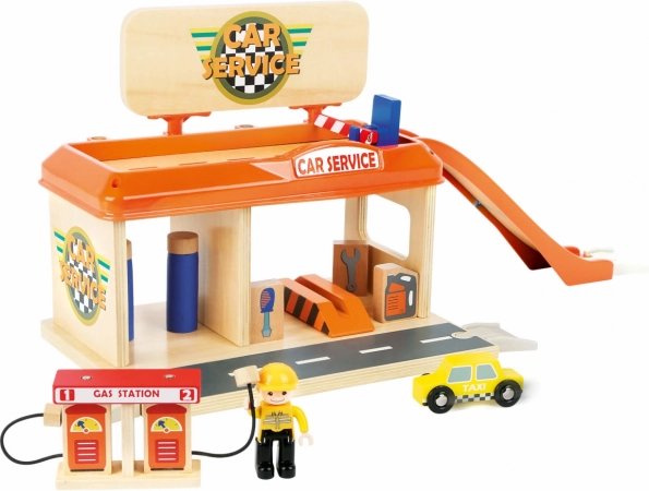 Stazione di servizio e autofficina in legno per bambini con accessori