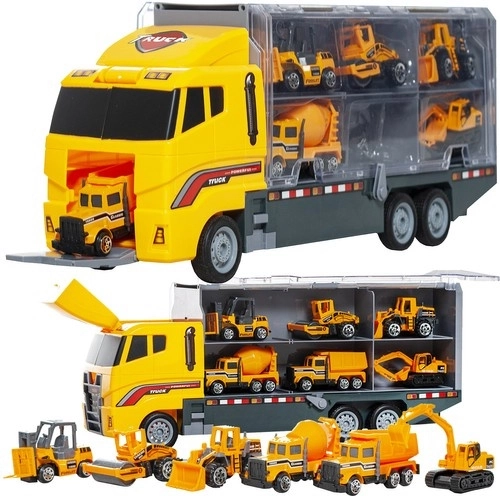Set camion giocattolo con pianale di traino e 6 veicoli da cantiere