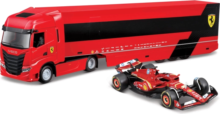 Bburago Ferrari camion da gara Iveco con rimorchio e F1 Ferrari SF-24 2024 (Charles Leclerc) 1:43