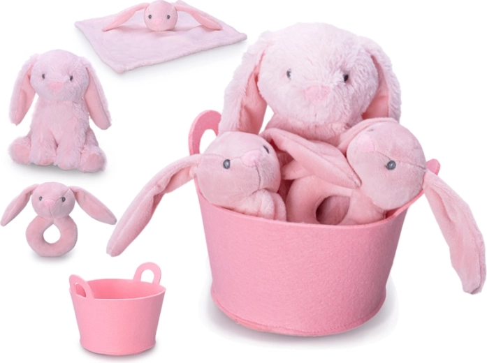 Set regalo per neonato con coniglietto di peluche rosa, sonaglino e doudou nel cestino