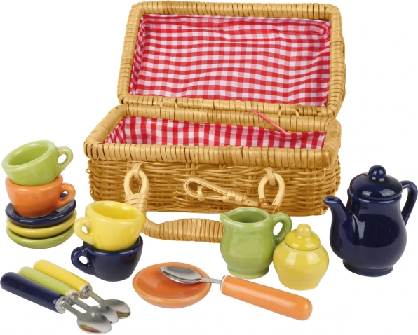 Small Foot Cestino da picnic con stoviglie di ceramica colorate