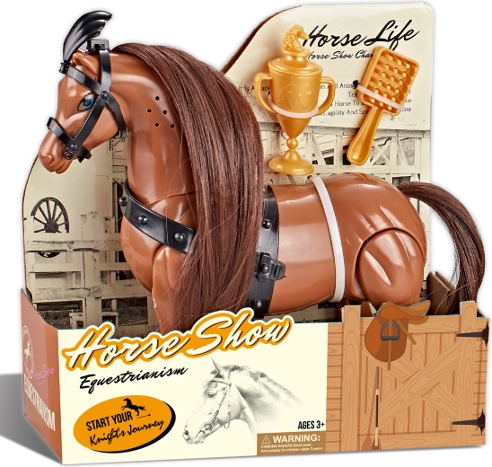 Cavallo da equitazione marrone con accessori e suono