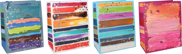Busta regalo M 26 × 32 × 10 cm – per tutto l’anno, righe colorate e accenti dorati