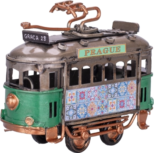 Modello in metallo del tram Prague 9 cm – tram verde decorativo con meccanismo a ruota libera