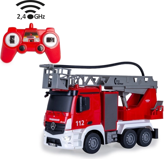 Camion dei pompieri Mercedes-Benz Antos con scala girevole e funzione di spruzzo in scala 1:26