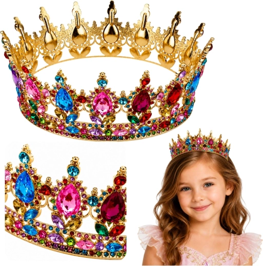 Corona in metallo dorato per principessa con cristalli colorati (12,5 cm)