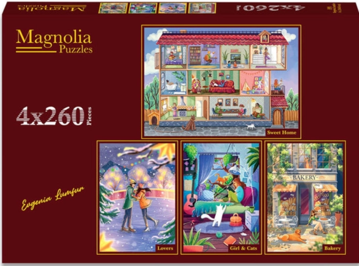 Set di puzzle Magnolia Dolce casa, coppia innamorata, ragazza con carrozzine e panetteria profumata 4×260 pezzi