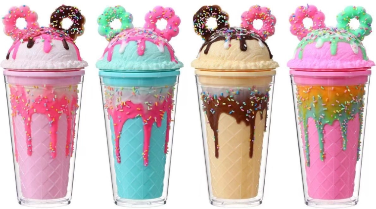 Bicchiere con coperchio e cannuccia con decorazioni di ciambelle 350 ml