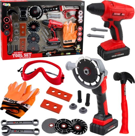 Grande set di attrezzi per bambini con trapano avvitatore a batteria e smerigliatrice, 28 pezzi