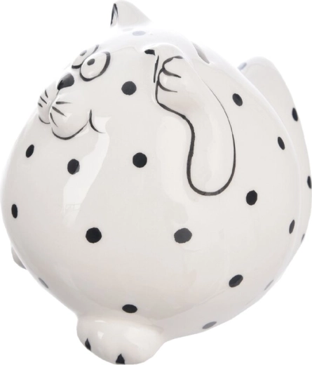 Salvadanaio in ceramica a forma di gatto con pois bianco